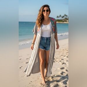 Judith March Bird Embroidered Lace Trim Maxi Duster Kimono L Grey Boho Festival